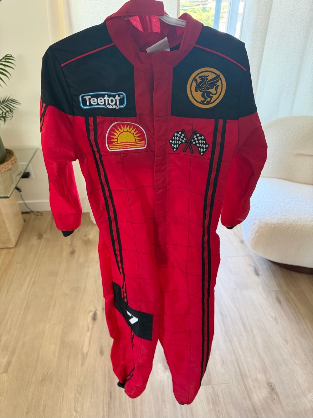 Kids Red Racing One-Piece Jumpsuit with Cap - Picture 2 of 3